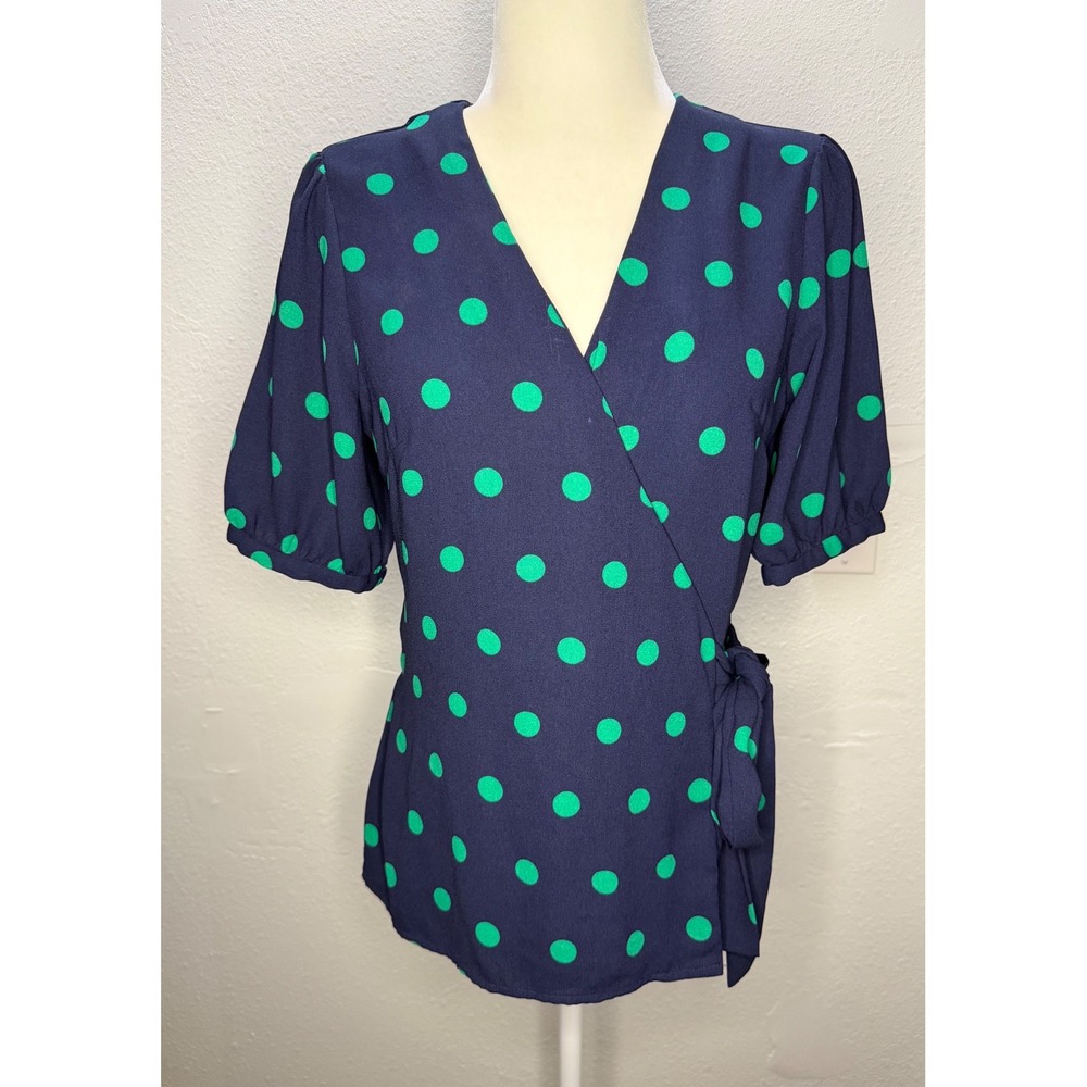 Halogen Womens Navy Blue Green Polka Dot Wrap Top Short Puff Sleeve V-Neck Small